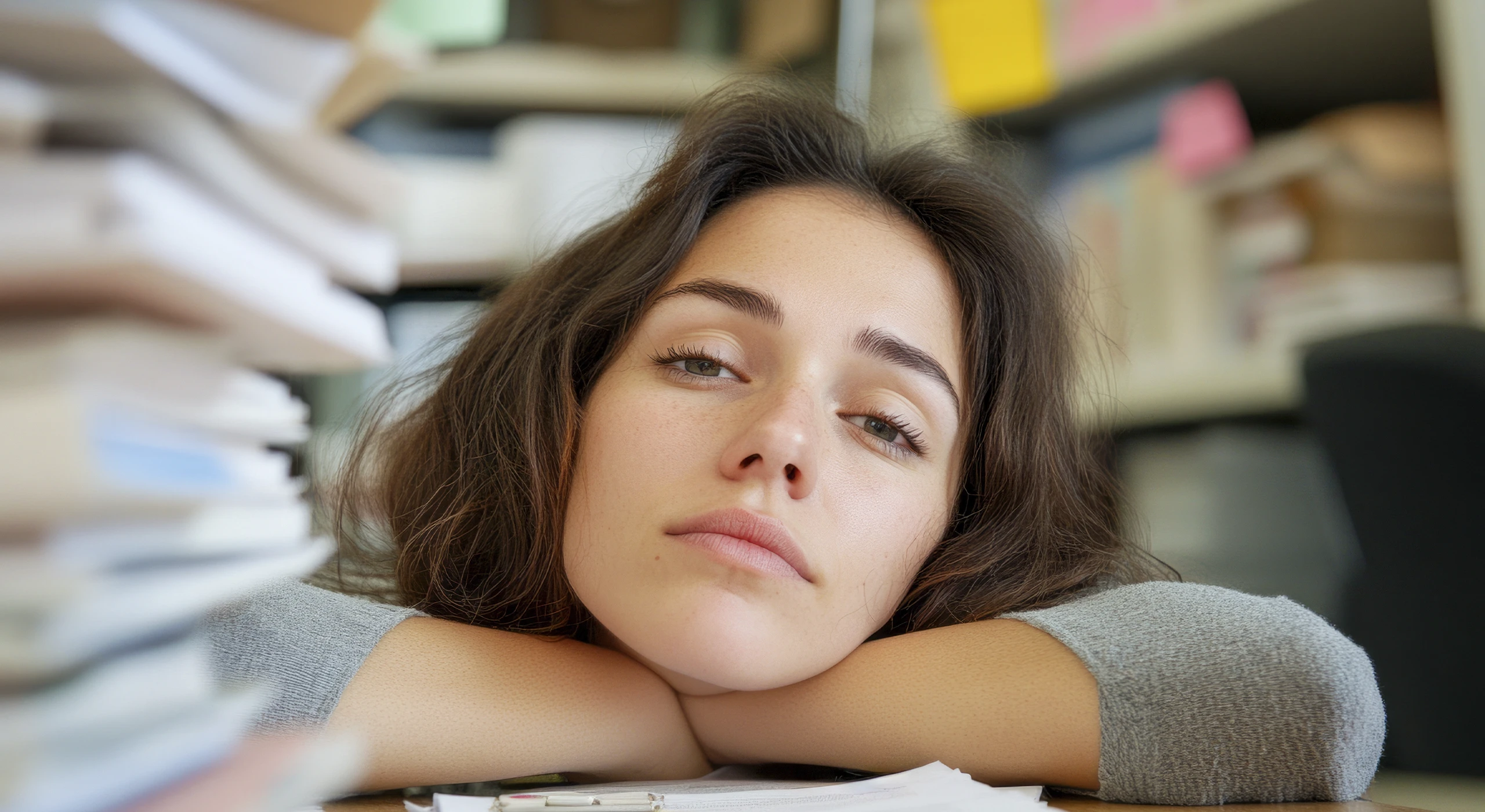 Estudiante frente a su escritorio reflejando el desgaste emocional, la soledad y la carga psicológica de preparar una oposición.